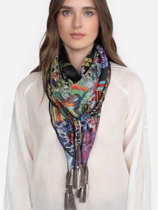 Johnny Was Accessories - Johnny Was- Dreamer Floral Silk Scarf with Tassels - Women Accessories